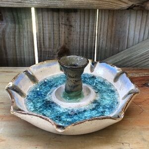 Vintage Fused Glass Hand Thrown Pottery Candle Stick Holder Stoneware Size 8”
